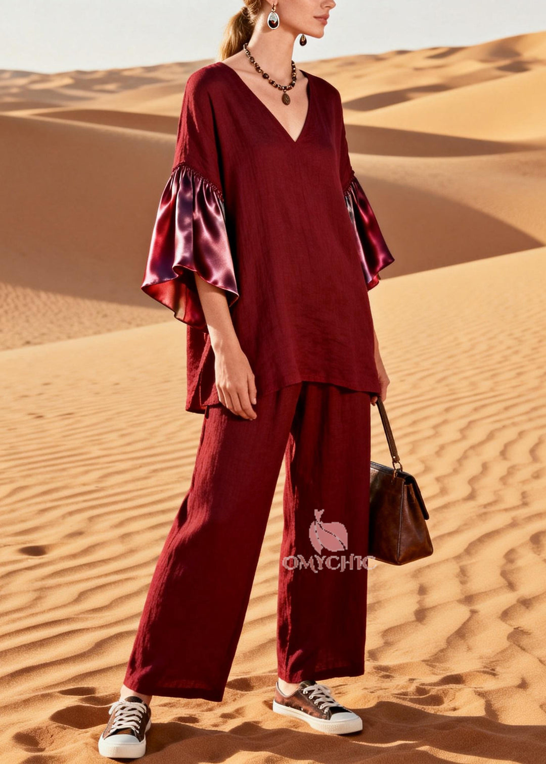 Women Mulberry V Neck Patchwork Linen Silk Two Pieces Set Flare Sleeve