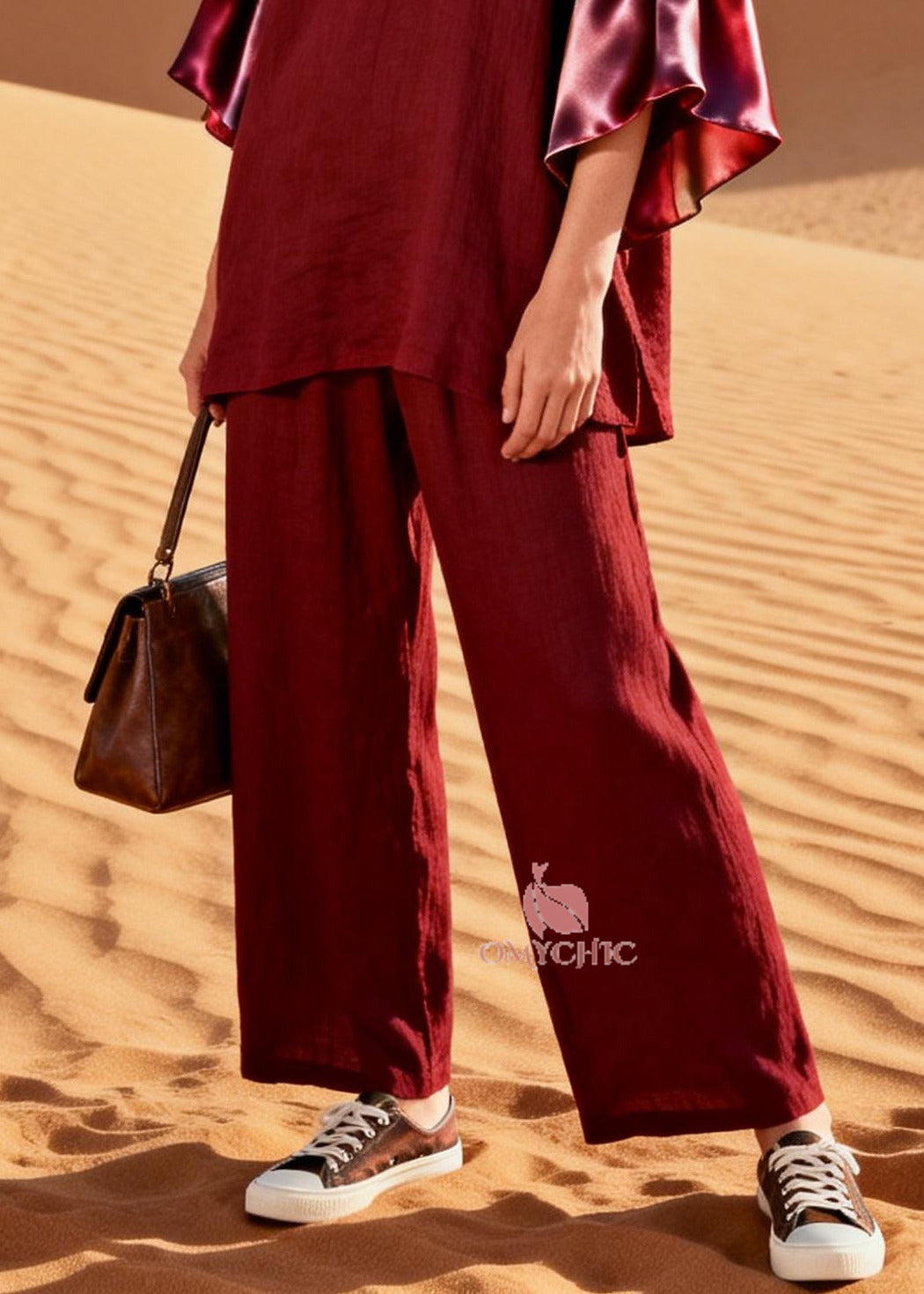 Women Mulberry V Neck Patchwork Linen Silk Two Pieces Set Flare Sleeve