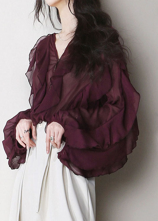 Women Mulberry V Neck Ruffled Patchwork Chiffon Blouses Summer