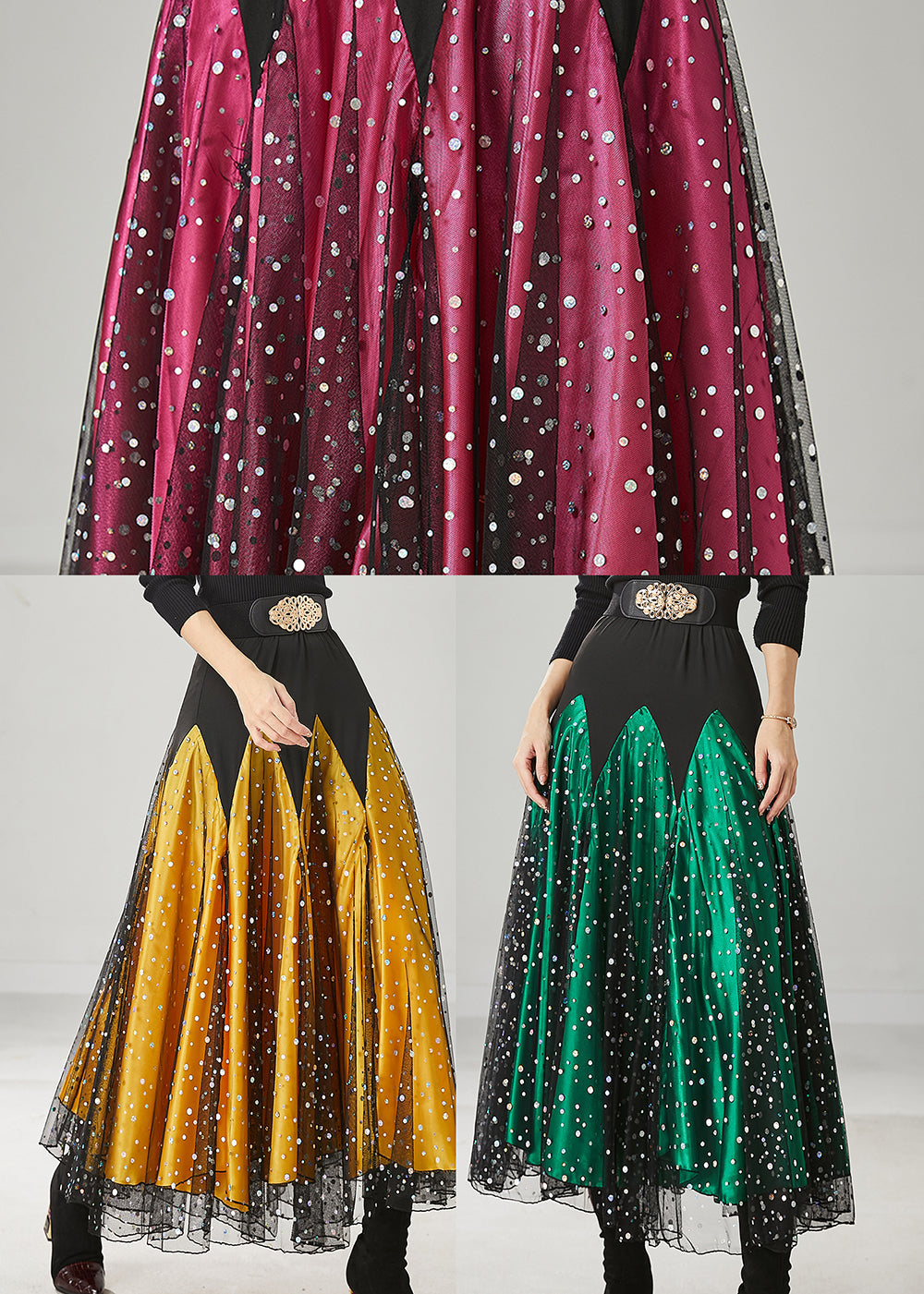 Women Mulberry Zircon Patchwork Tulle Skirts Spring