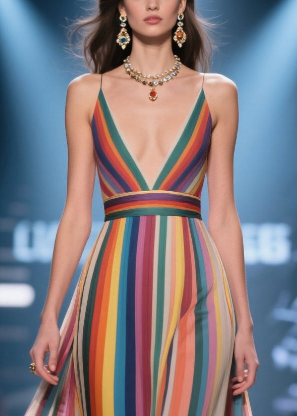 Women Multicolour Striped Flower Decorated Chiffon Evening Dress Summer
