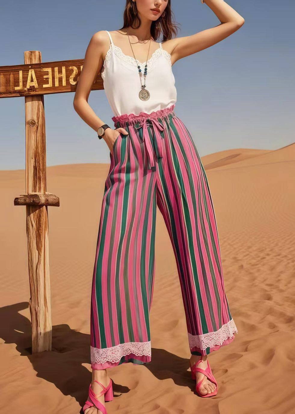 Women Multicolour Striped Patchwork Lace Straight Pants Summer