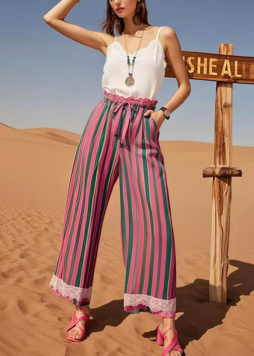Women Multicolour Striped Patchwork Lace Straight Pants Summer