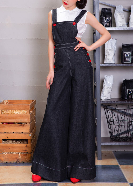 Women Navy Button Denim Strap Wide Leg Jumpsuit Fall