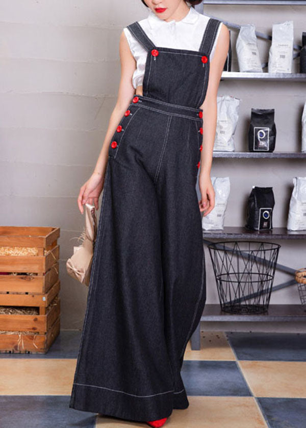 Women Navy Button Denim Strap Wide Leg Jumpsuit Fall