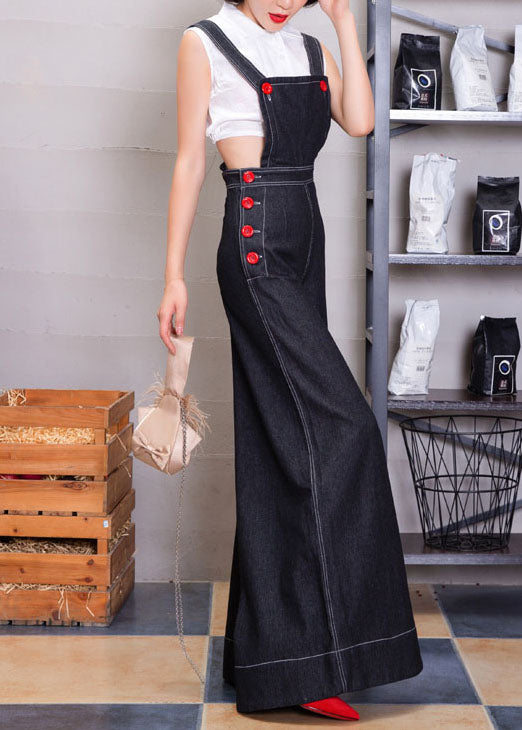 Women Navy Button Denim Strap Wide Leg Jumpsuit Fall