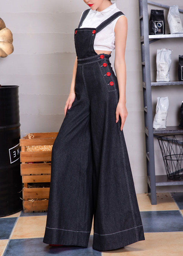 Women Navy Button Denim Strap Wide Leg Jumpsuit Fall