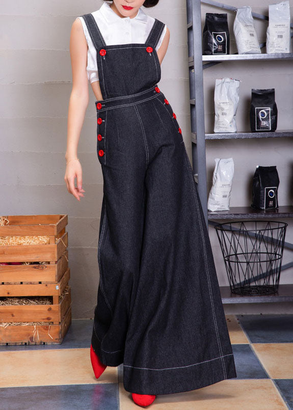 Women Navy Button Denim Strap Wide Leg Jumpsuit Fall
