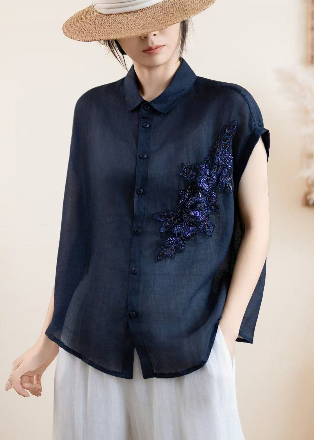 Women Navy Embroidered Linen Shirt Top Summer