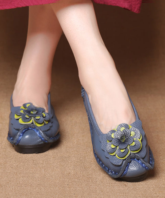 Women Navy Faux Leather Flower Splicing Flat Feet Shoes