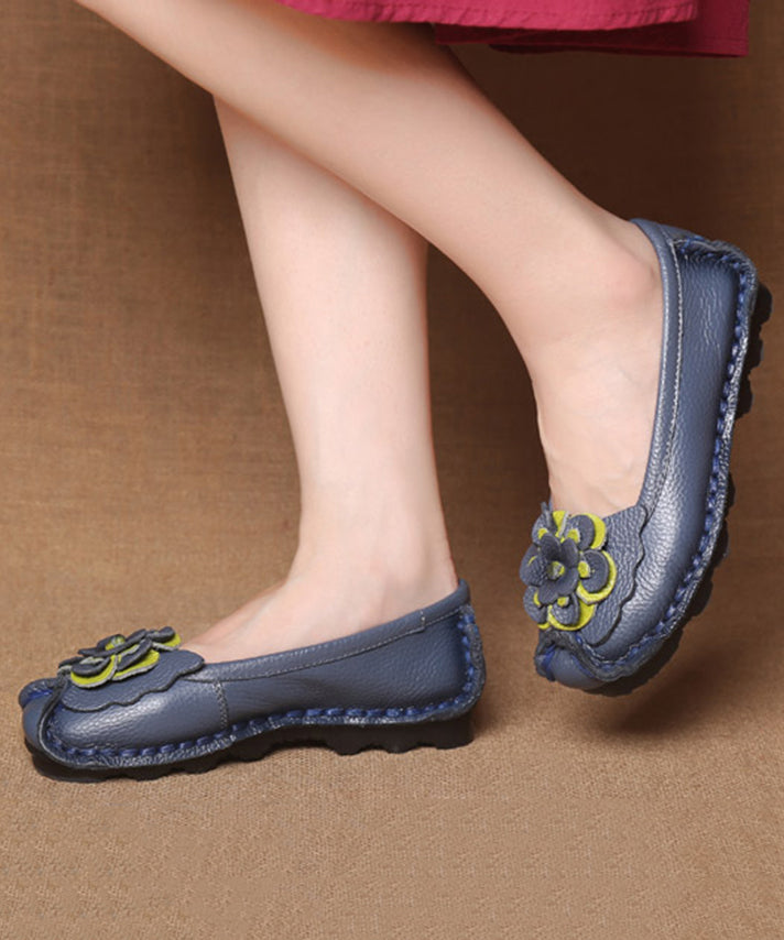 Women Navy Faux Leather Flower Splicing Flat Feet Shoes