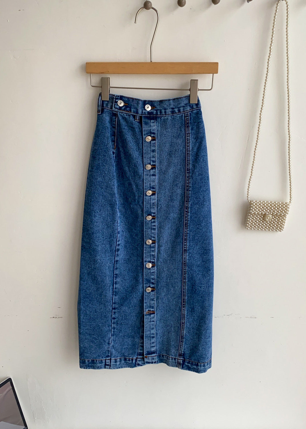 Women Navy High Waist Button Down Denim Skirts Summer