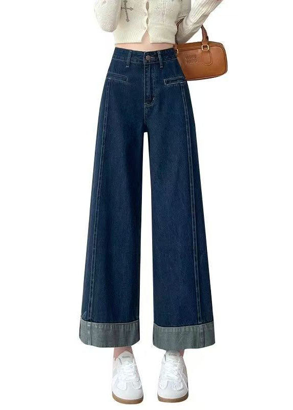 Women Navy High Waist Patchwork Denim Straight Pants Fall