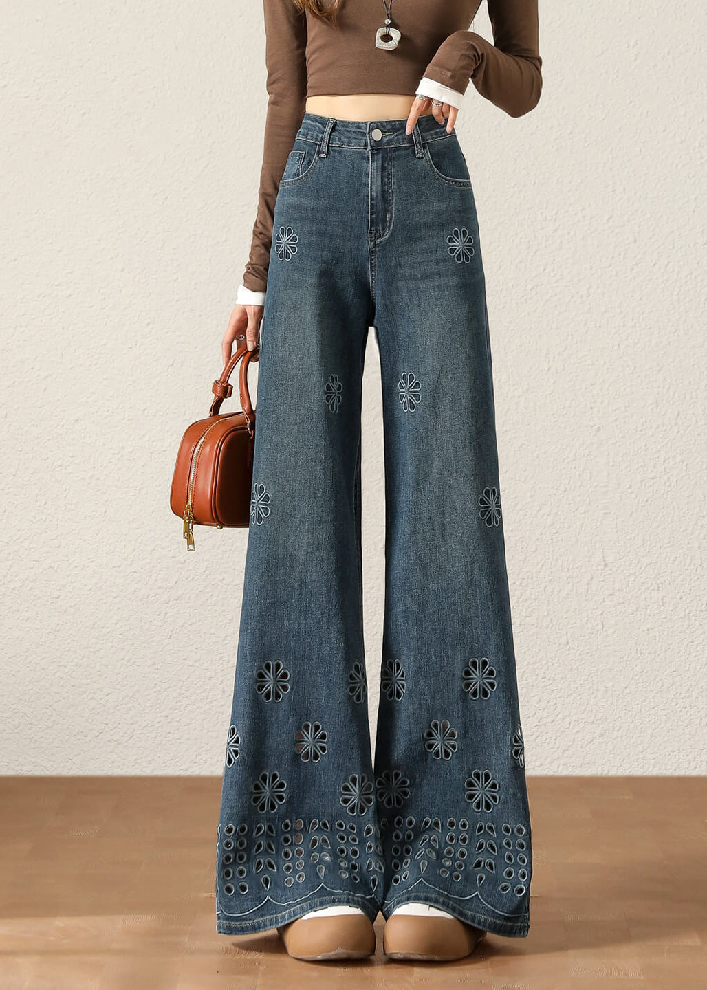 Women Navy Hollow Out Flower Denim Pants Spring