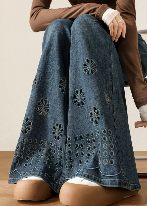 Women Navy Hollow Out Flower Denim Pants Spring