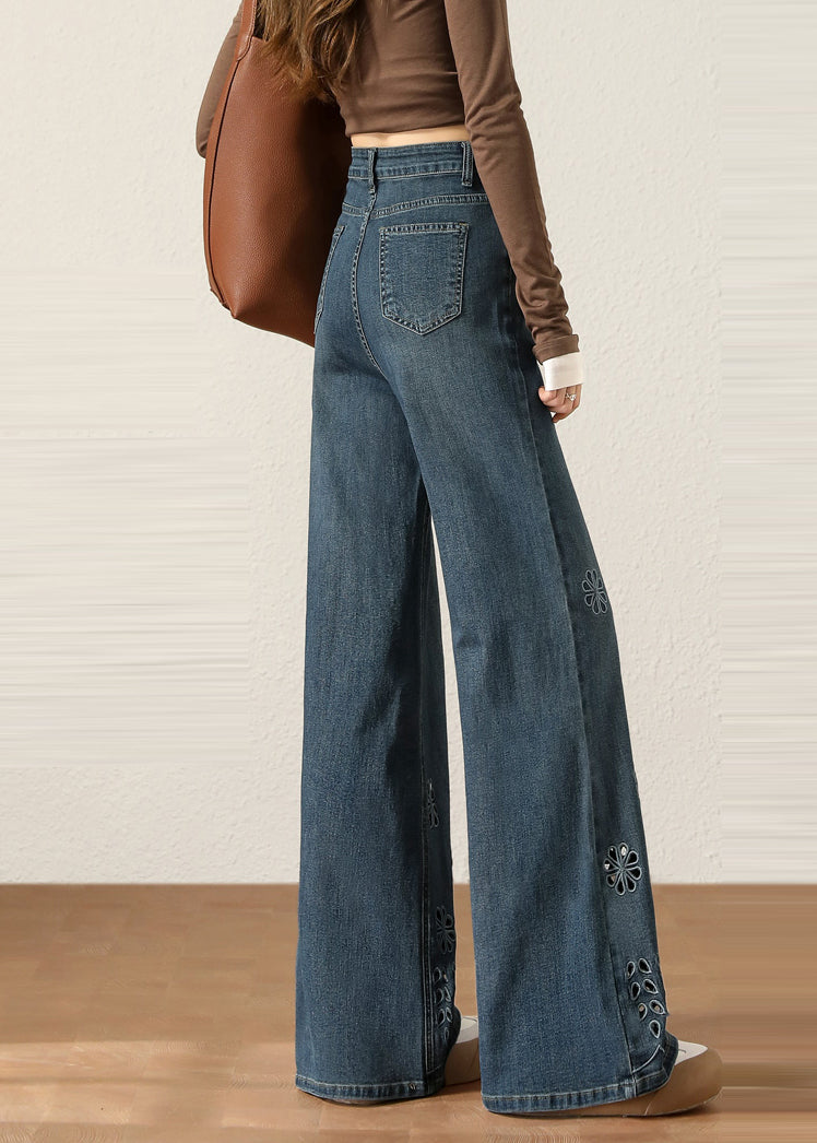 Women Navy Hollow Out Flower Denim Pants Spring