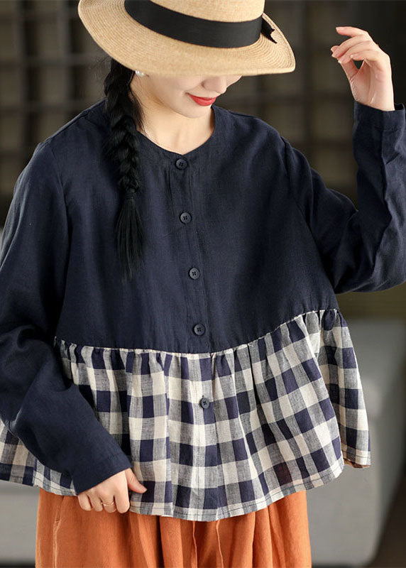 Women Navy O Neck Plaid Patchwork Linen Top Long Sleeve