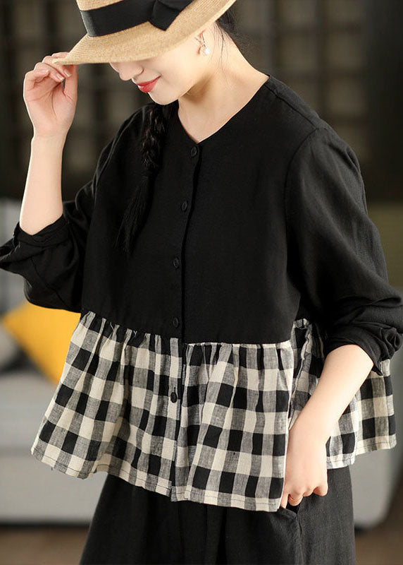 Women Navy O Neck Plaid Patchwork Linen Top Long Sleeve