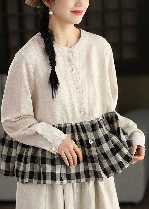 Women Navy O Neck Plaid Patchwork Linen Top Long Sleeve
