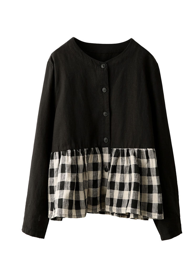 Women Navy O Neck Plaid Patchwork Linen Top Long Sleeve