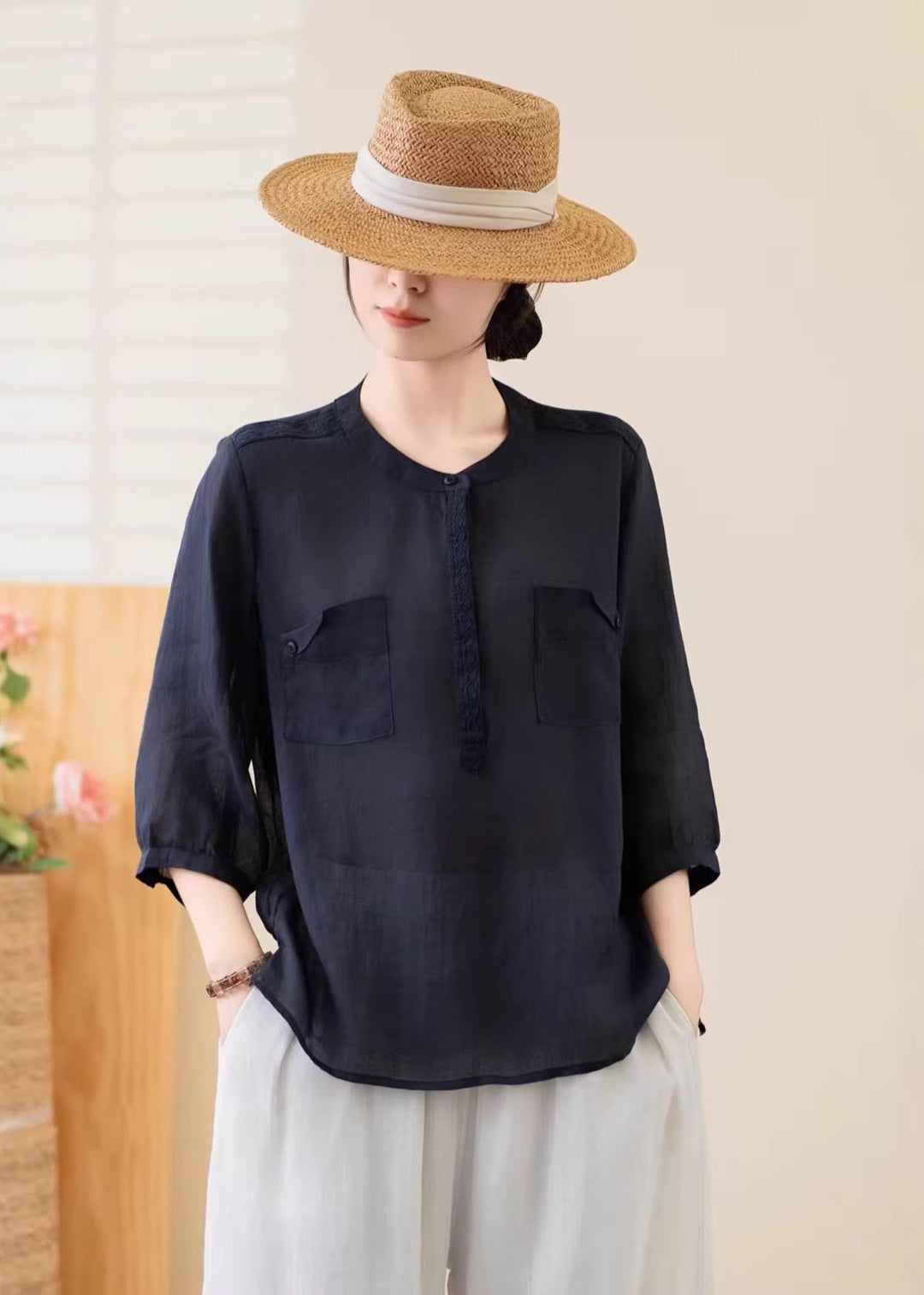 Women Navy O Neck Pockets Linen Top Summer
