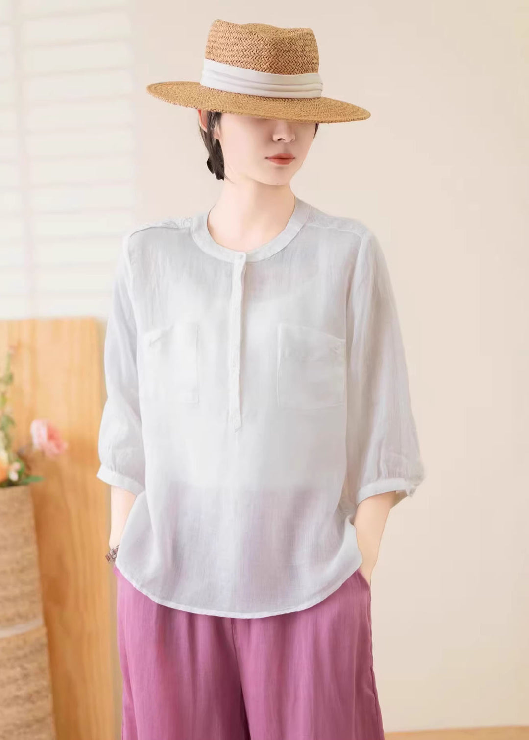 Women Navy O Neck Pockets Linen Top Summer