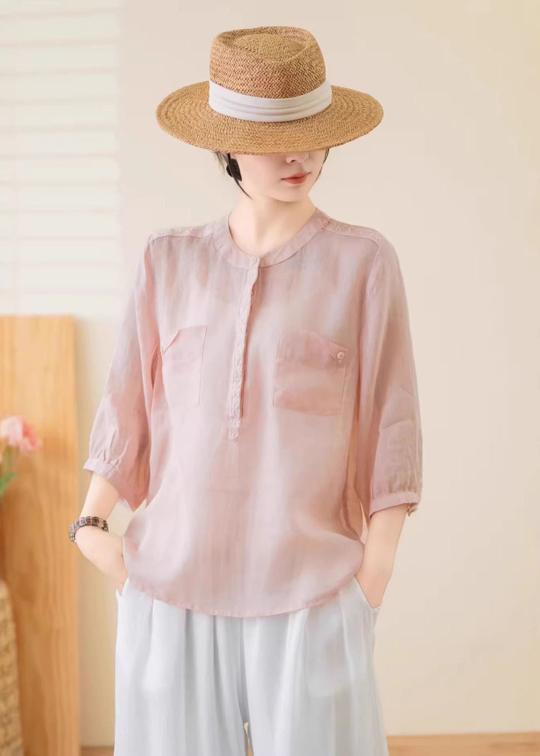 Women Navy O Neck Pockets Linen Top Summer