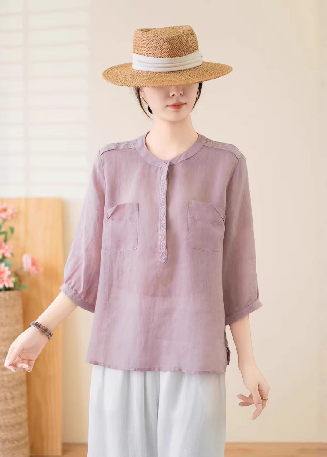 Women Navy O Neck Pockets Linen Top Summer