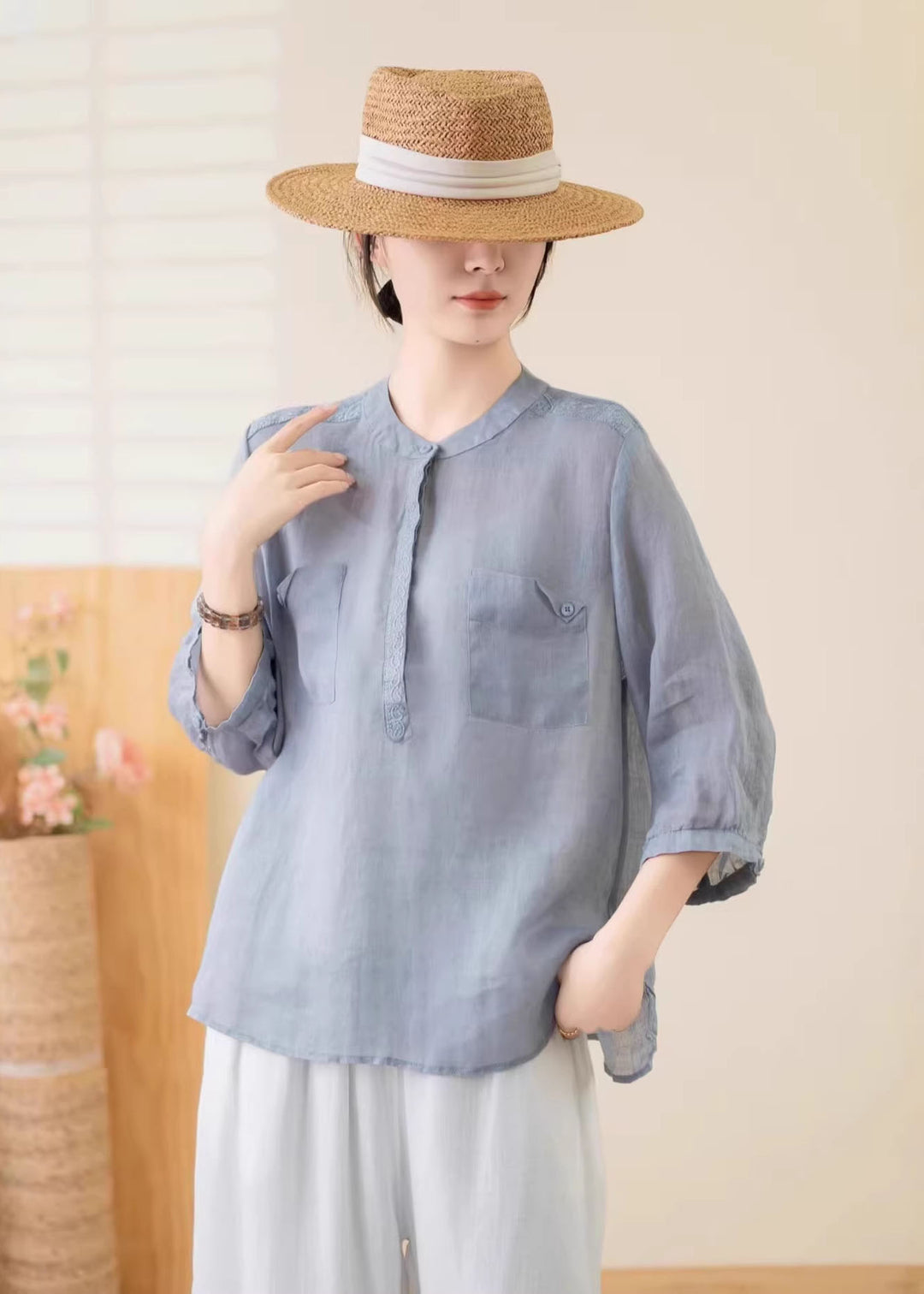 Women Navy O Neck Pockets Linen Top Summer