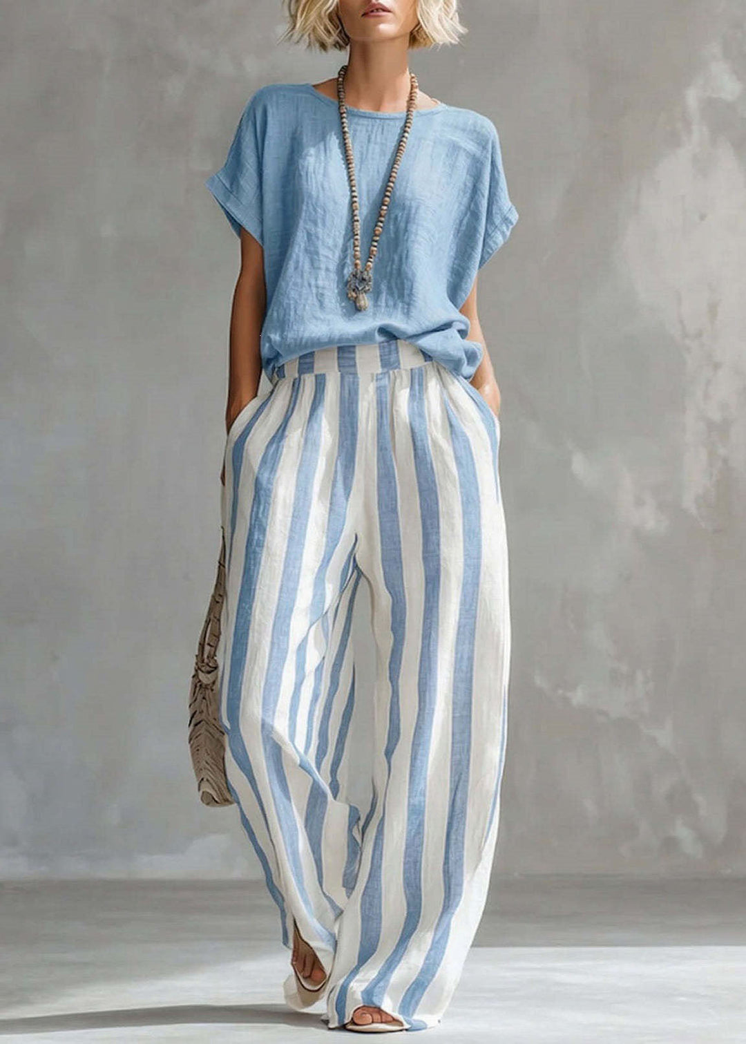 Women Navy O-Neck Top And Striped Straight Pants Two Pieces Set Short Sleeve