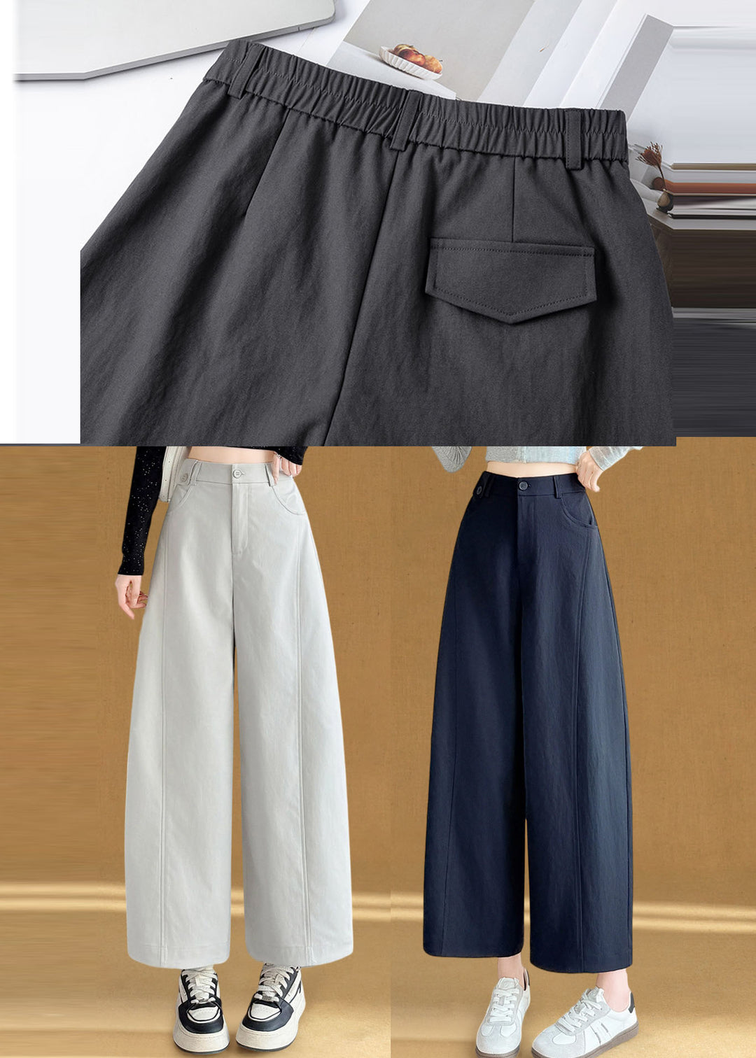Women Navy Oversized Cotton Pants Trousers Fall