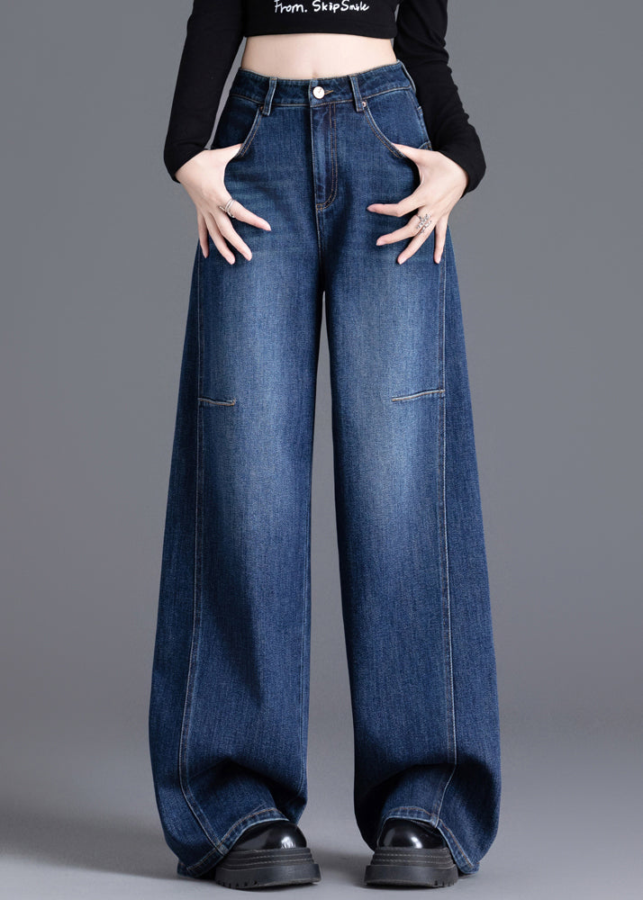 Women Navy Oversized Denim Wide Leg Pants Spring