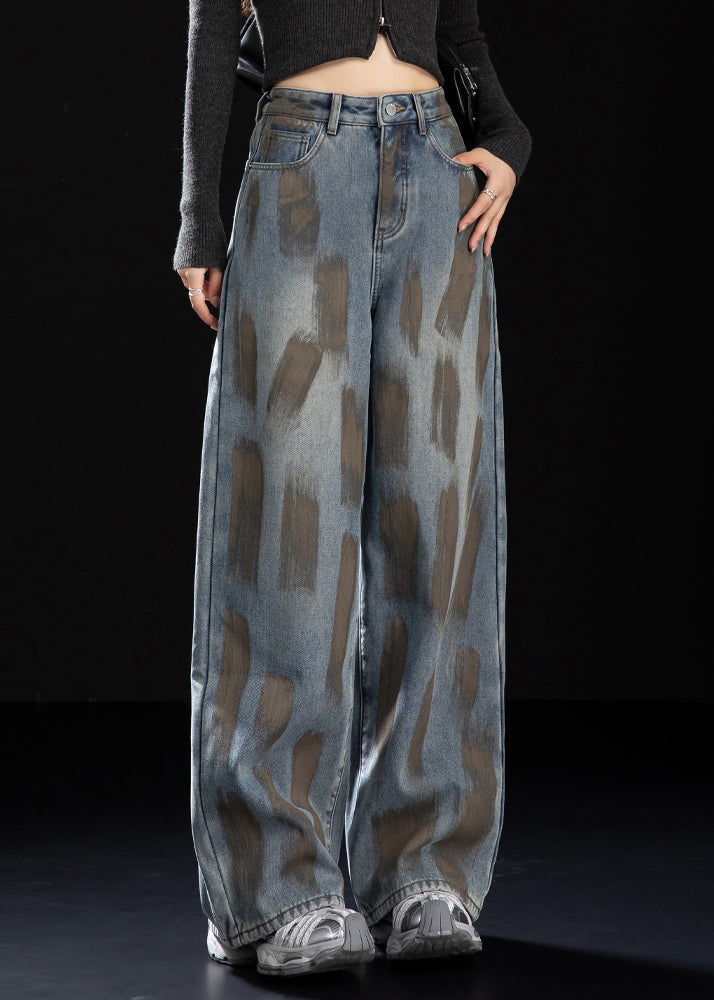 Women Navy Oversized Painting Warm Fleece Denim Pants Winter