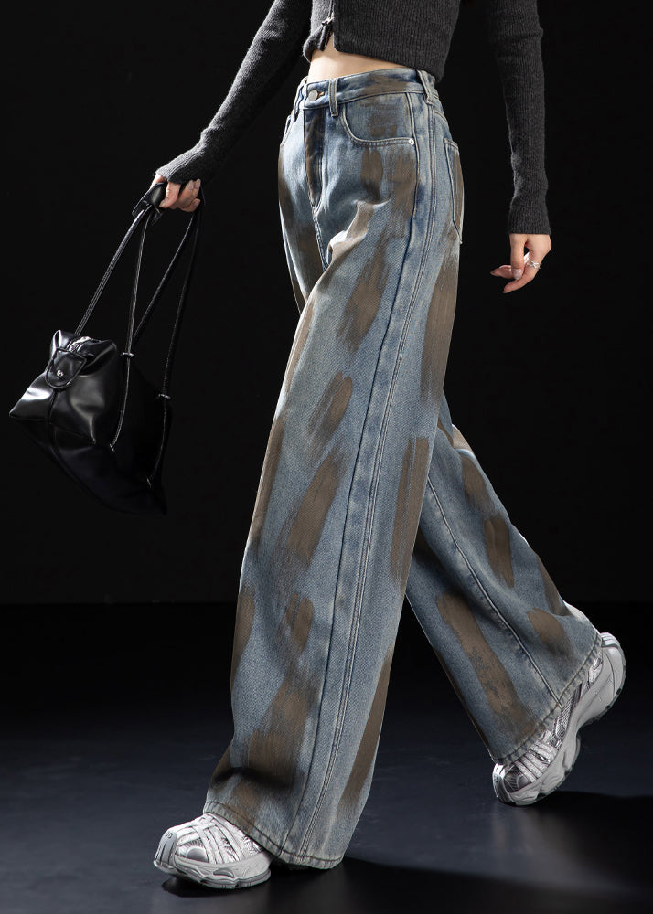 Women Navy Oversized Painting Warm Fleece Denim Pants Winter