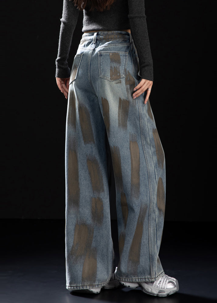 Women Navy Oversized Painting Warm Fleece Denim Pants Winter