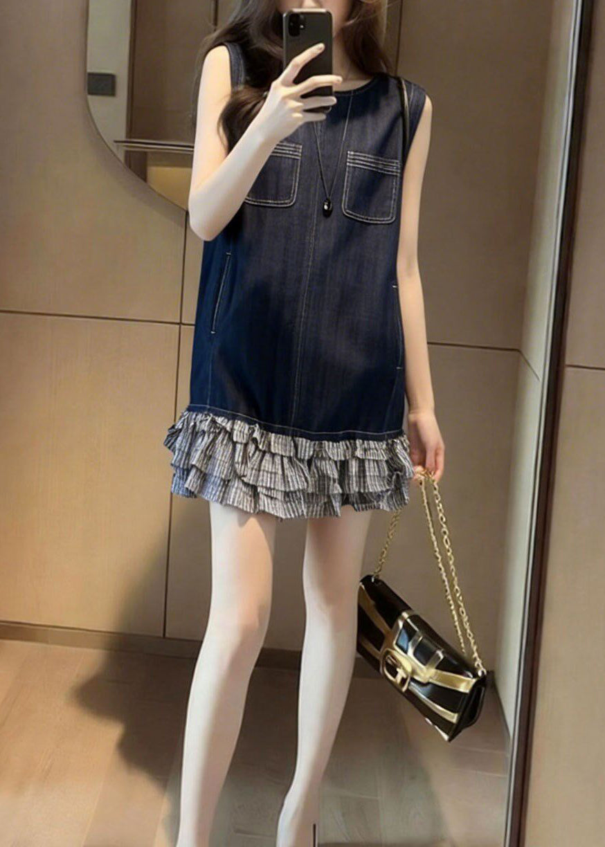 Women Navy Patchwork Denim Tea Dress Sleeveless