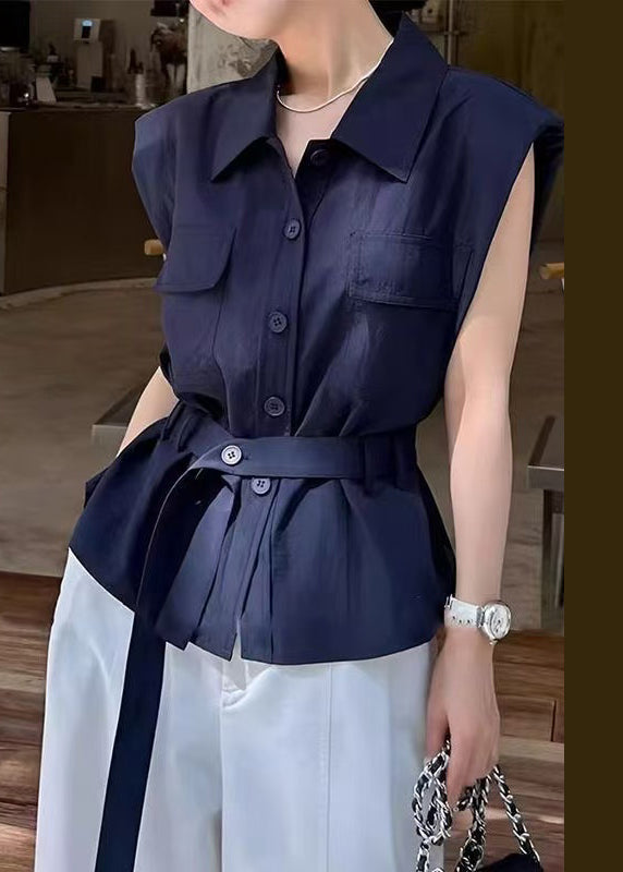 Women Navy Peter Pan Collar Button Cotton Shirt Sleeveless
