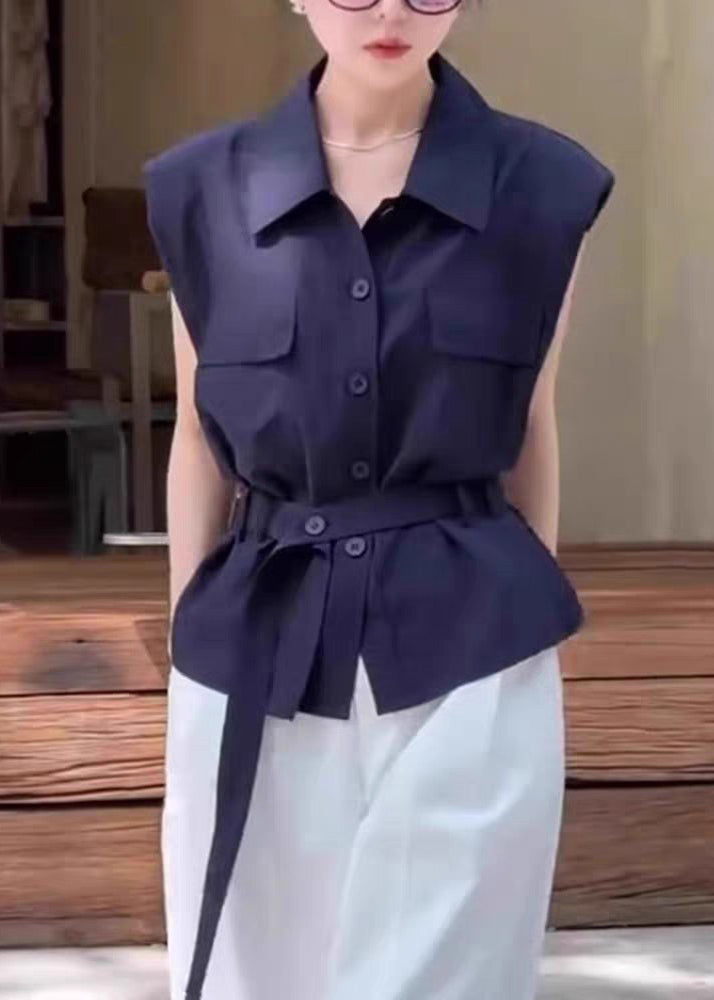 Women Navy Peter Pan Collar Button Cotton Shirt Sleeveless