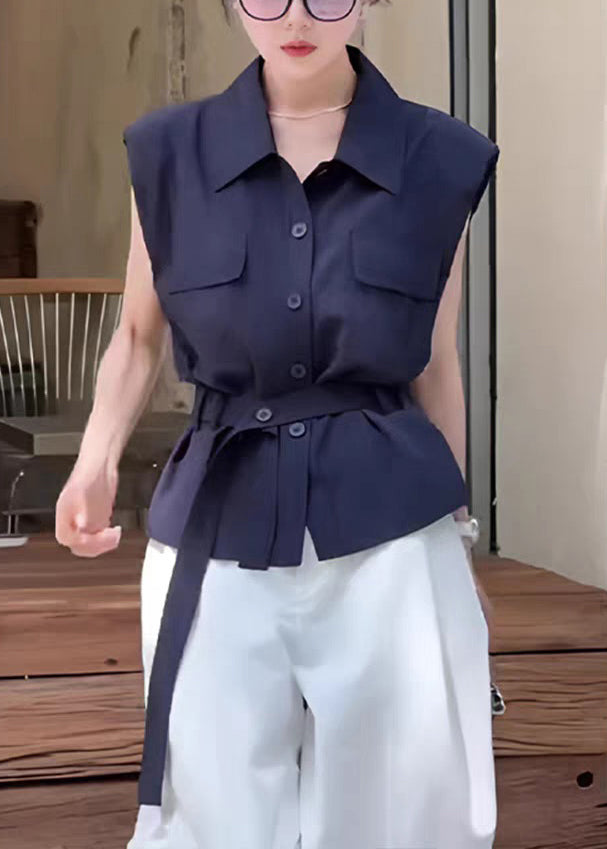Women Navy Peter Pan Collar Button Cotton Shirt Sleeveless