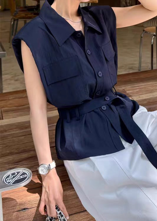Women Navy Peter Pan Collar Button Cotton Shirt Sleeveless