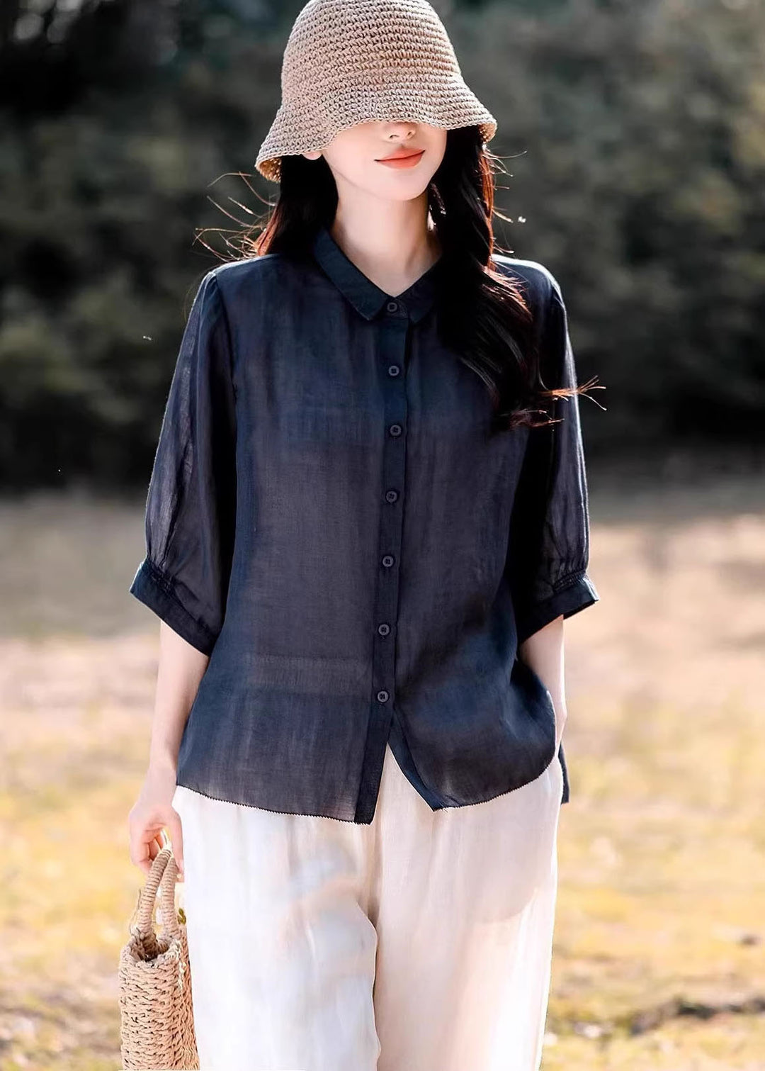 Women Navy Peter Pan Collar Button Linen Blouse Top Summer