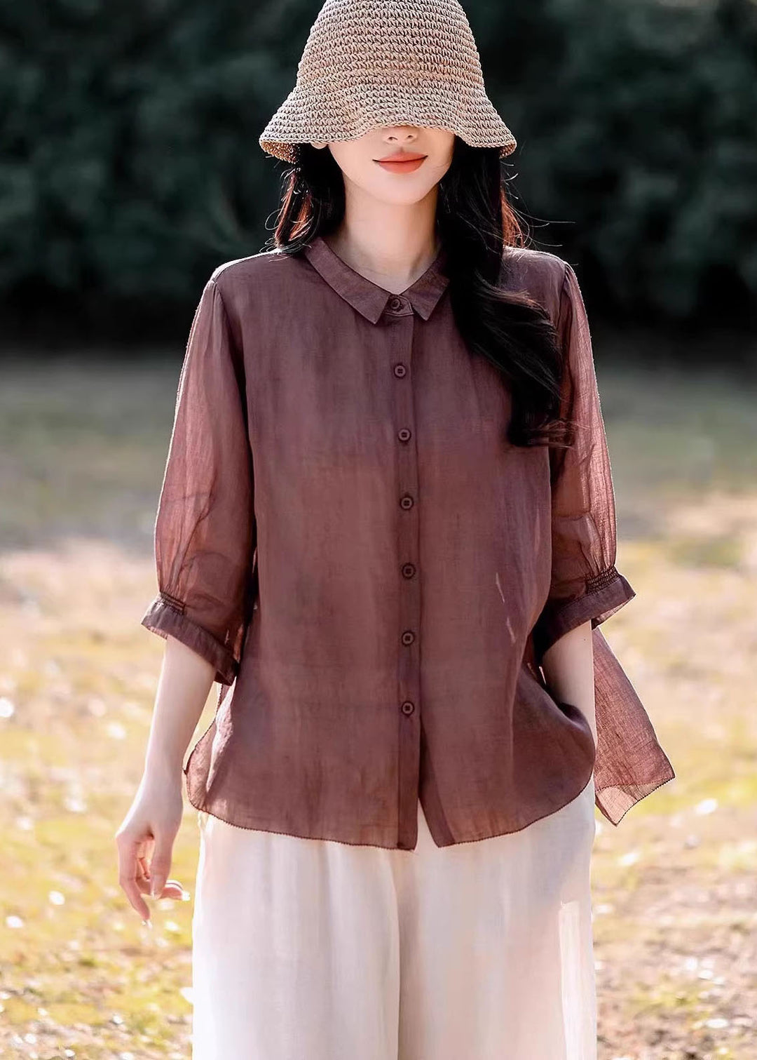 Women Navy Peter Pan Collar Button Linen Blouse Top Summer