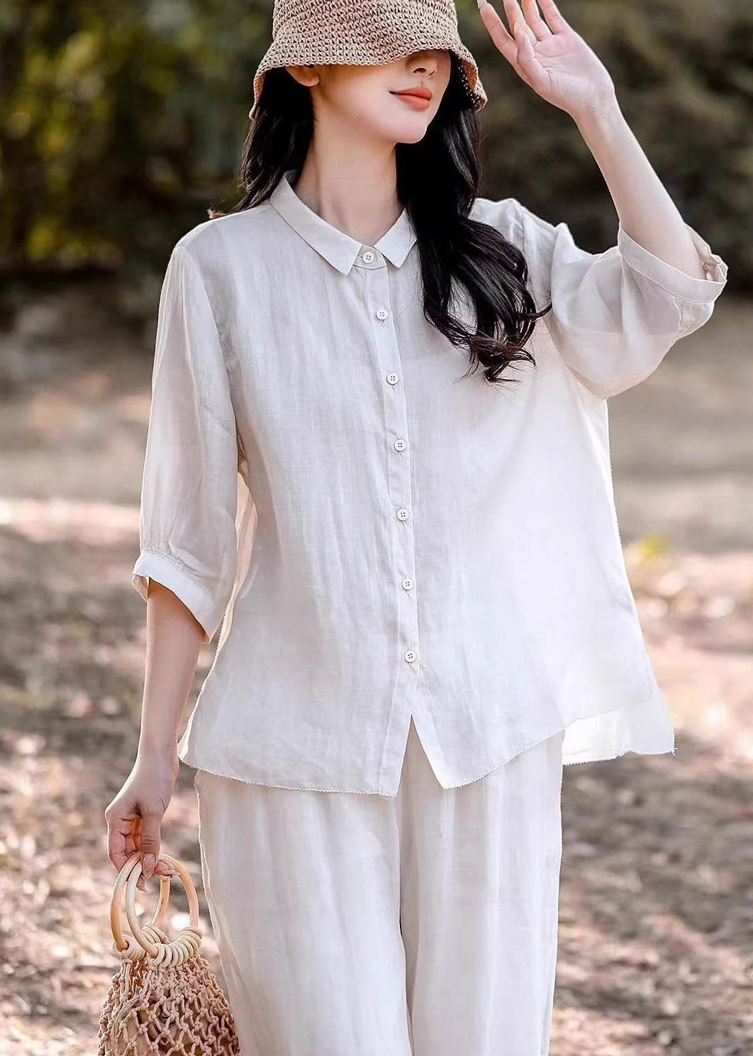 Women Navy Peter Pan Collar Button Linen Blouse Top Summer