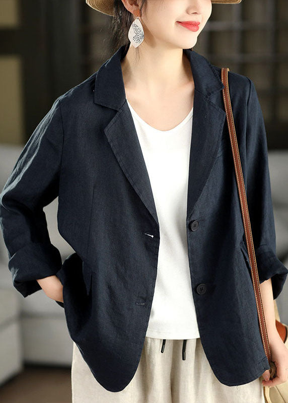 Women Navy Peter Pan Collar Pockets Linen Coats Long Sleeve
