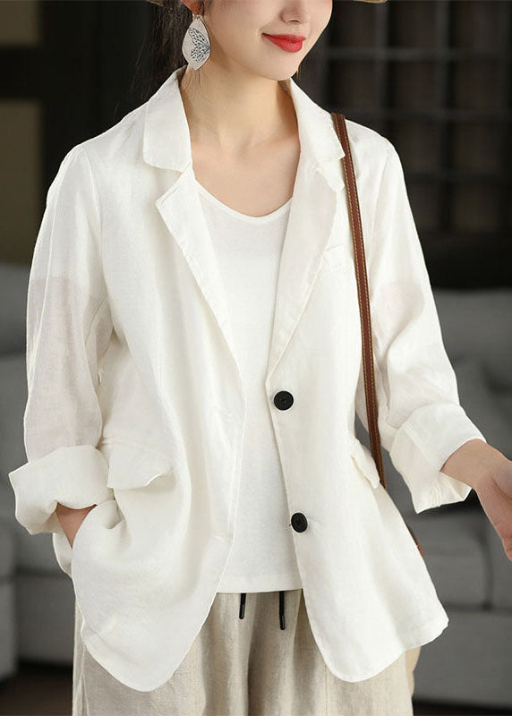 Women Navy Peter Pan Collar Pockets Linen Coats Long Sleeve