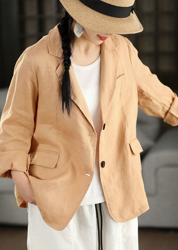 Women Navy Peter Pan Collar Pockets Linen Coats Long Sleeve