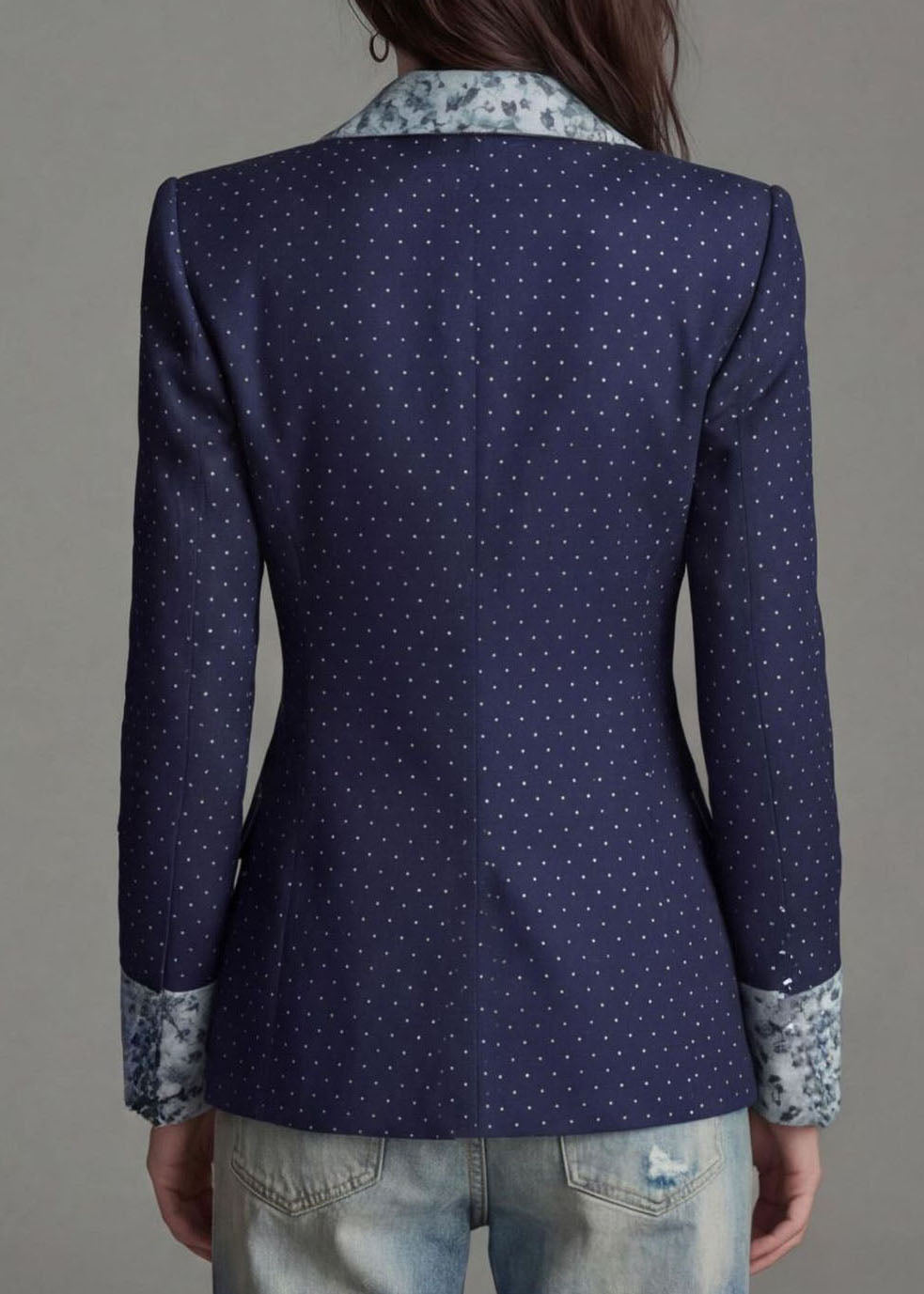 Women Navy Peter Pan Collar Print Patchwork Cotton Suit Coat Fall