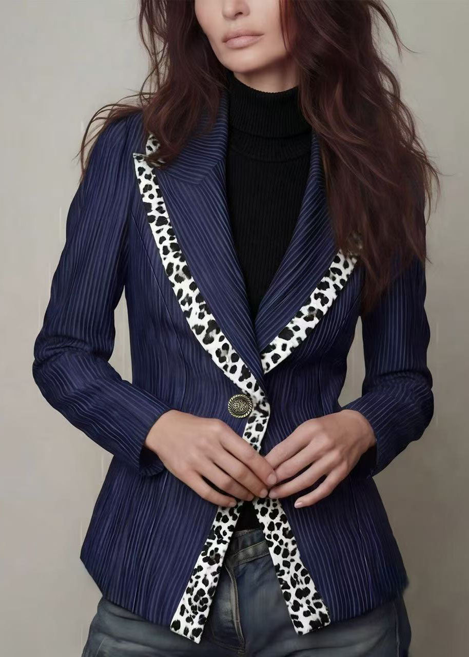 Women Navy Peter Pan Collar Striped Patchwork Cotton Suit Coats Fall