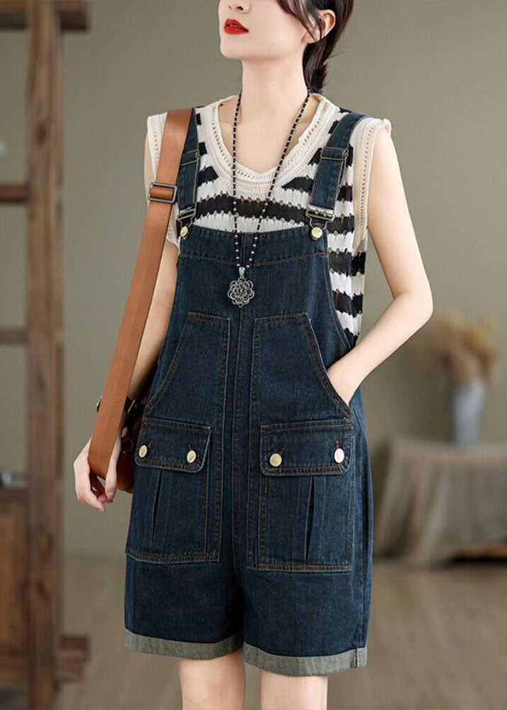 Women Navy Pockets Denim Overalls Jumpsuit Summer