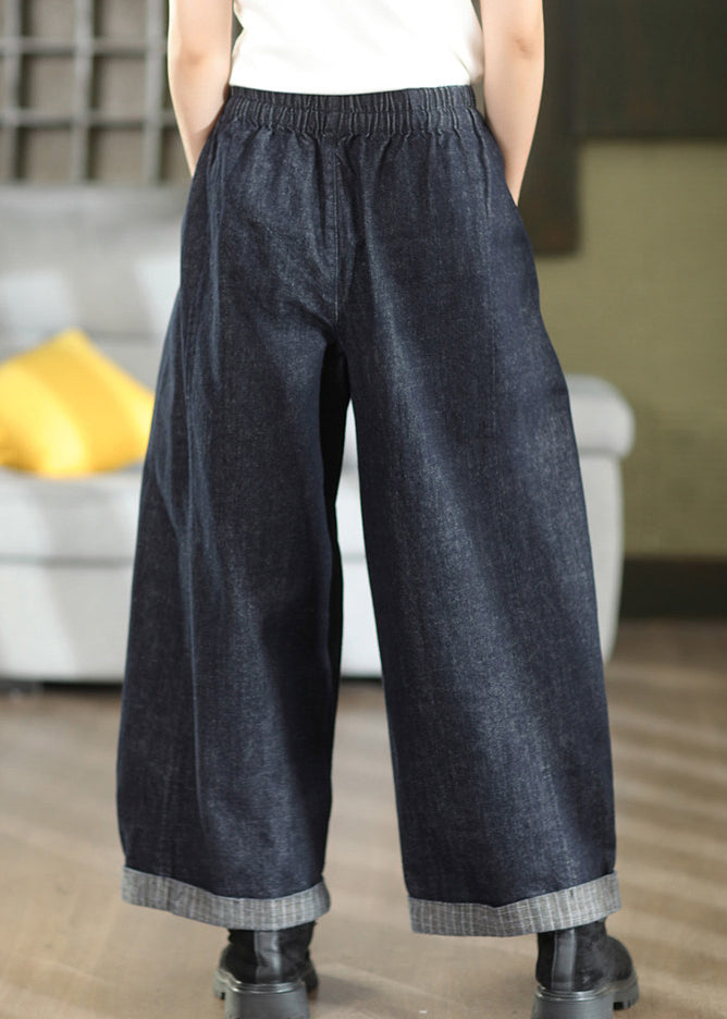Women Navy Pockets Patchwork Elastic Waist Denim Pants Fall